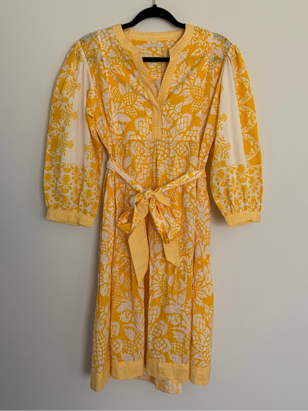 Lola Australia 100% Cotton Yellow White Floral Midi Dress Belted Puff Sleeve S